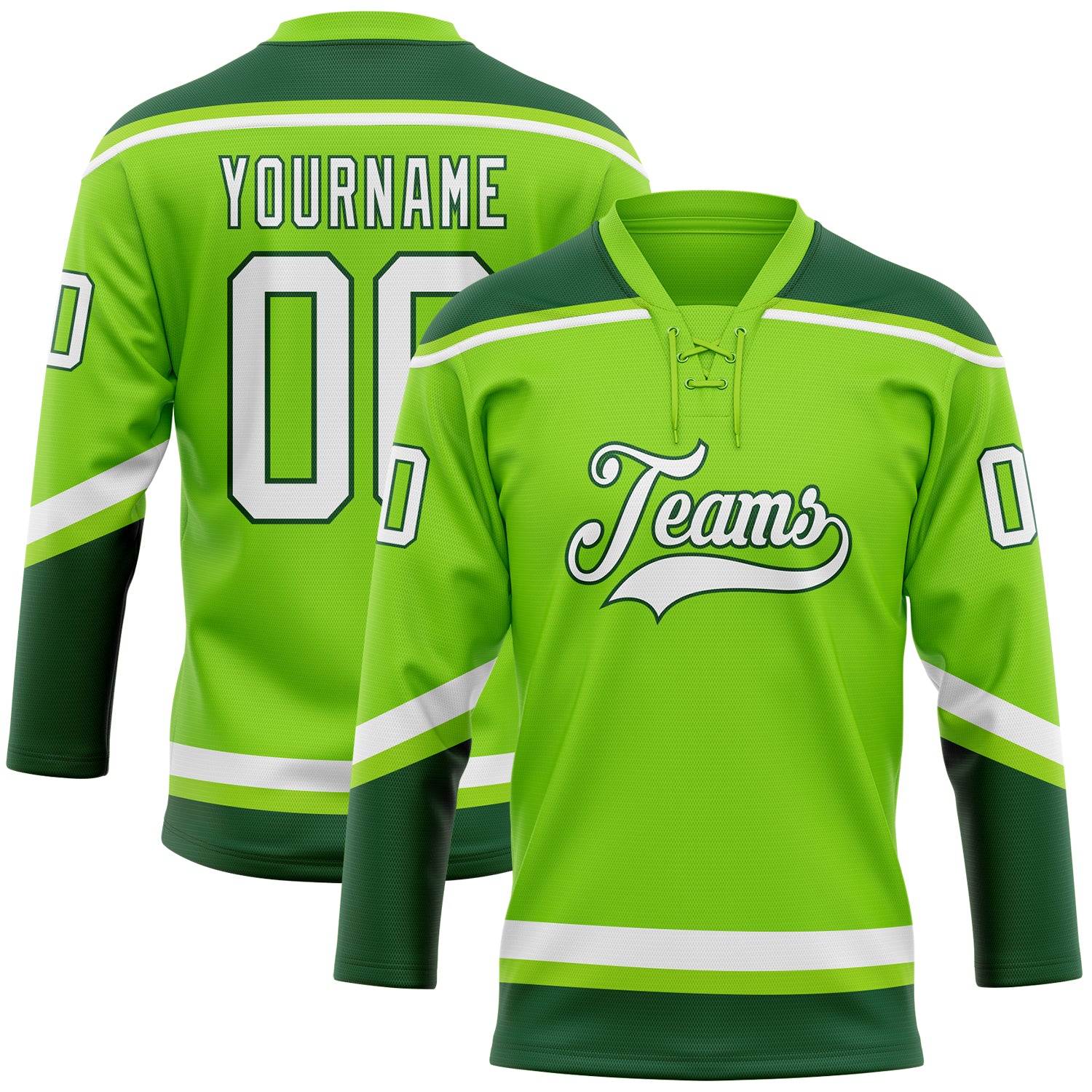 Personalized Neon Green White-Green Hockey Lace Neck Jersey Team Custom Name and Number