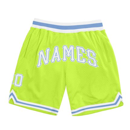 Custom Team Basketball Shorts with Personalized Name & Number - Neon Green & White Light Blue Authentic Throwback Design