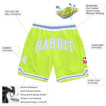 Custom Team Basketball Shorts with Personalized Name & Number - Neon Green & White Light Blue Authentic Throwback Design