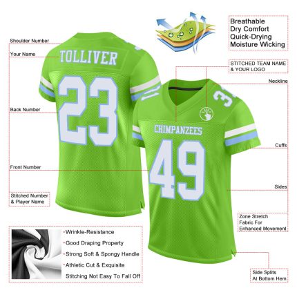 Personalized Neon Green White-Light Blue Mesh Authentic Football Jersey Team Custom Name and Number
