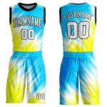 Personalized Neon Green White-Light Blue Round Neck Sublimation Basketball Suit Jersey Team Custom Name and Number