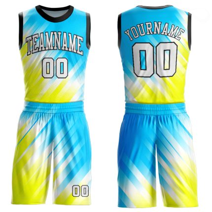 Personalized Neon Green White-Light Blue Round Neck Sublimation Basketball Suit Jersey Team Custom Name and Number