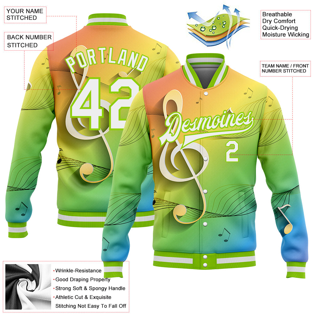 Personalized Neon Green White Music Festival 3D Pattern Design Bomber Full-Snap Varsity Letterman Jacket Team Custom Name and Number Custom Team Name & Number 3D Pattern Design Neon Green White Bomber Varsity Letterman Jacket for Music Festivals Personalized - Image 3