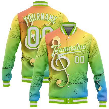 Custom Team Name & Number 3D Pattern Design Neon Green White Bomber Varsity Letterman Jacket for Music Festivals Personalized
