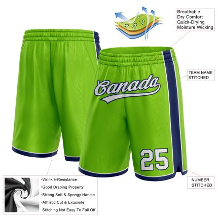 Custom Name and Number Authentic Basketball Shorts - Personalized Neon Green White-Navy Team Gear Personalized Neon Green