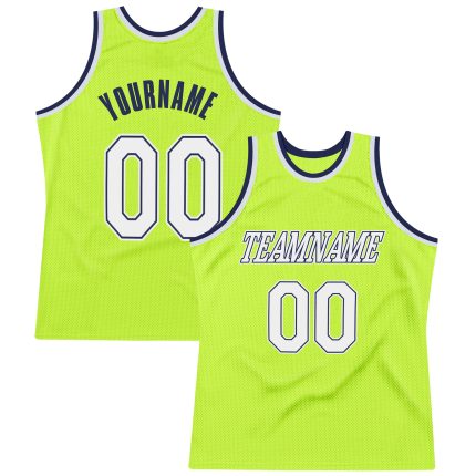 Personalized Neon Green White-Navy Authentic Throwback Basketball Jersey Team Custom Name and Number