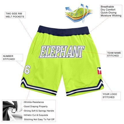Personalized Neon Green White-Navy Authentic Throwback Basketball Shorts Team Custom Name and Number