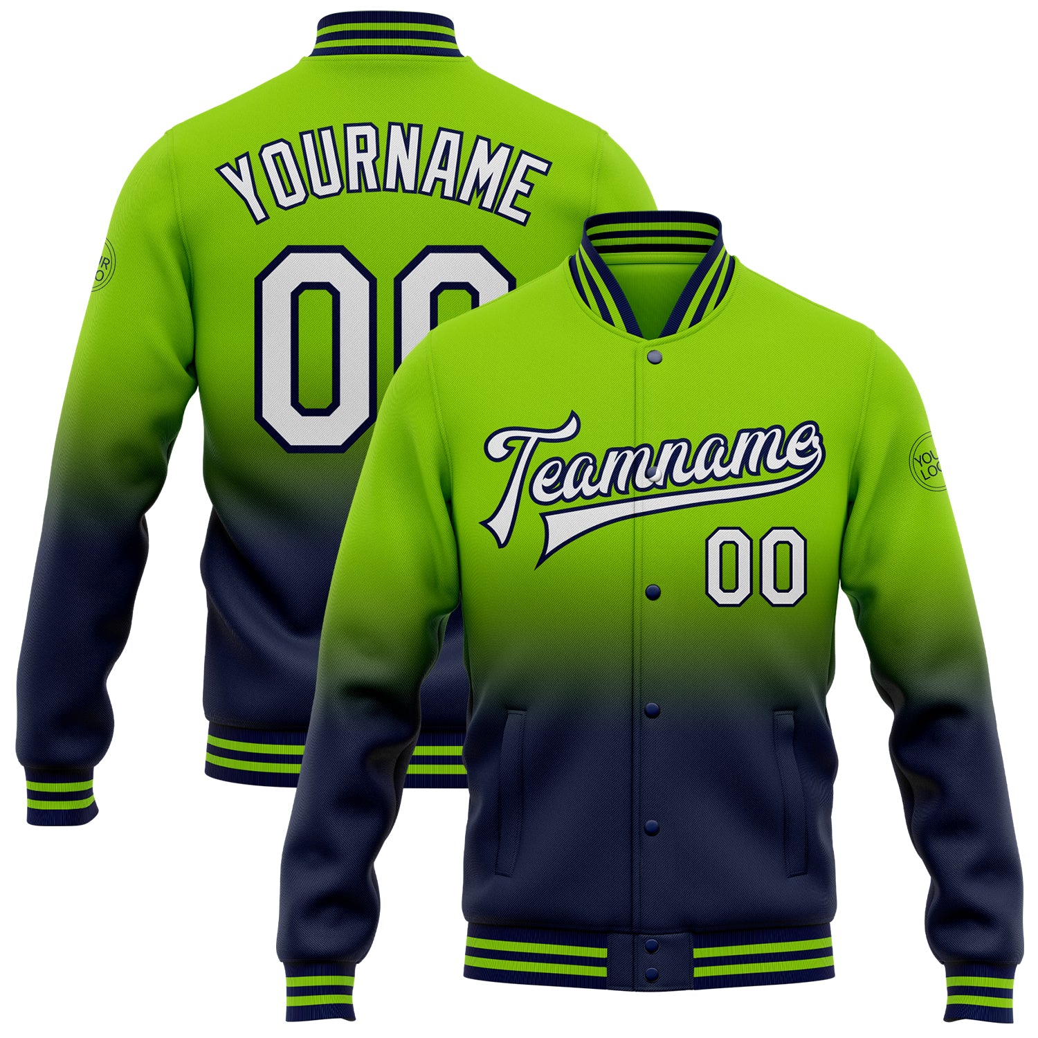Personalized Neon Green White-Navy Bomber Full-Snap Varsity Letterman Fade Fashion Jacket Team Custom Name and Number