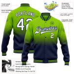 Personalized Neon Green White-Navy Bomber Full-Snap Varsity Letterman Fade Fashion Jacket Team Custom Name and Number