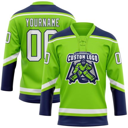 Personalized Neon Green White-Navy Hockey Lace Neck Jersey Team Custom Name and Number