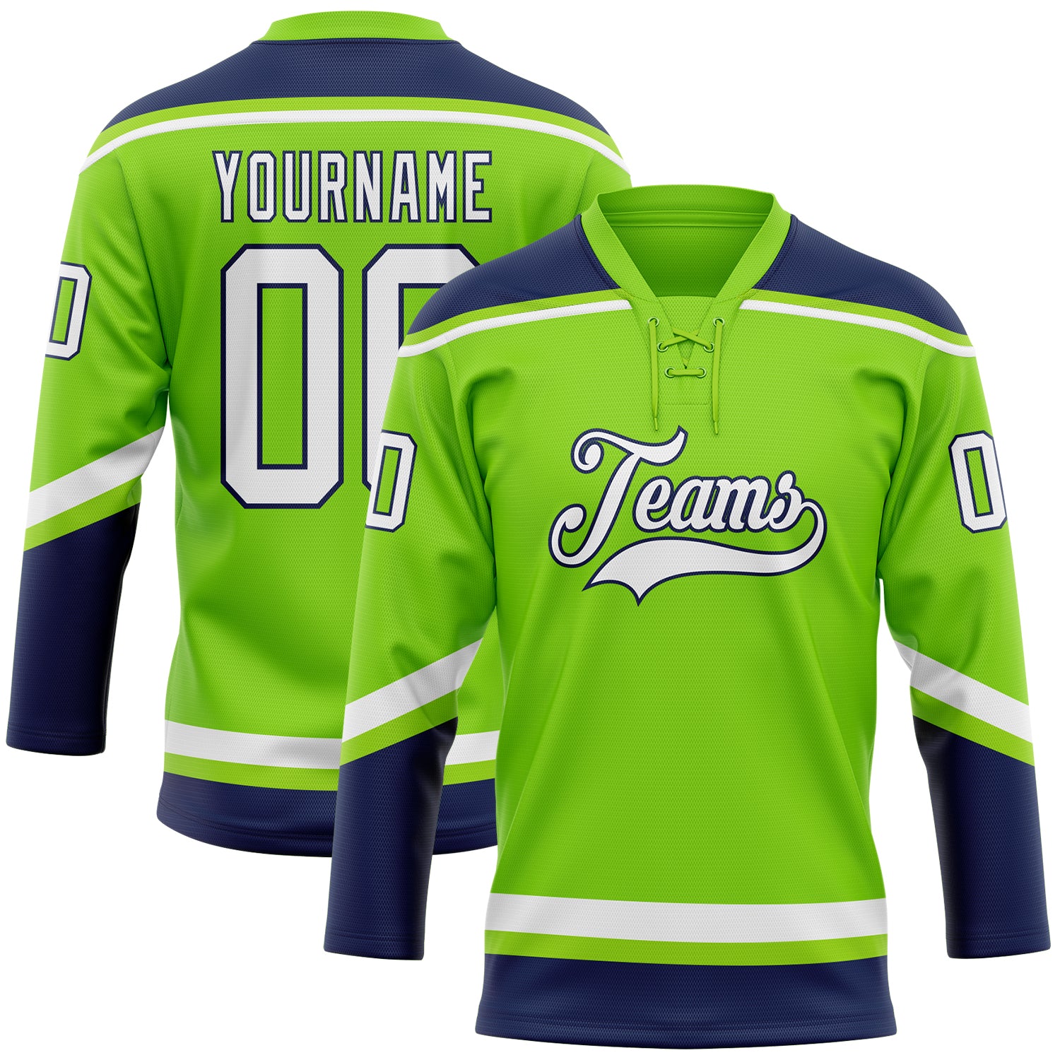 Personalized Neon Green White-Navy Hockey Lace Neck Jersey Team Custom Name and Number