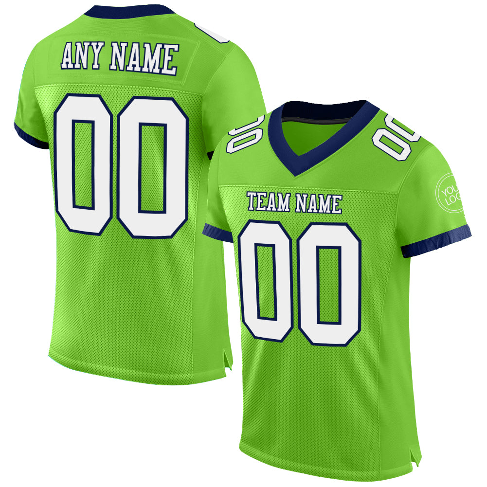 Personalized Neon Green White-Navy Mesh Authentic Football Jersey