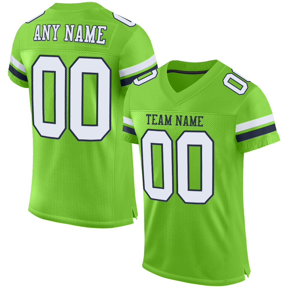 Personalized Neon Green White-Navy Mesh Authentic Football Jersey Team Custom Name and Number