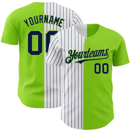 Personalized Neon Green White-Navy Pinstripe Authentic Split Fashion Baseball Jersey Team Custom Name and Number