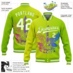 Personalized Neon Green White-Neon Yellow Guitar Rock Roll Music Festival 3D Pattern Design Bomber Full-Snap Varsity Letterman Gradient Fashion Jacket Team Custom Name and Number