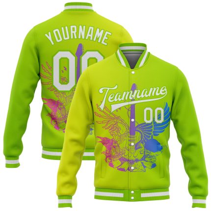 Personalized Neon Green White-Neon Yellow Guitar Rock Roll Music Festival 3D Pattern Design Bomber Full-Snap Varsity Letterman Gradient Fashion Jacket Team Custom Name and Number