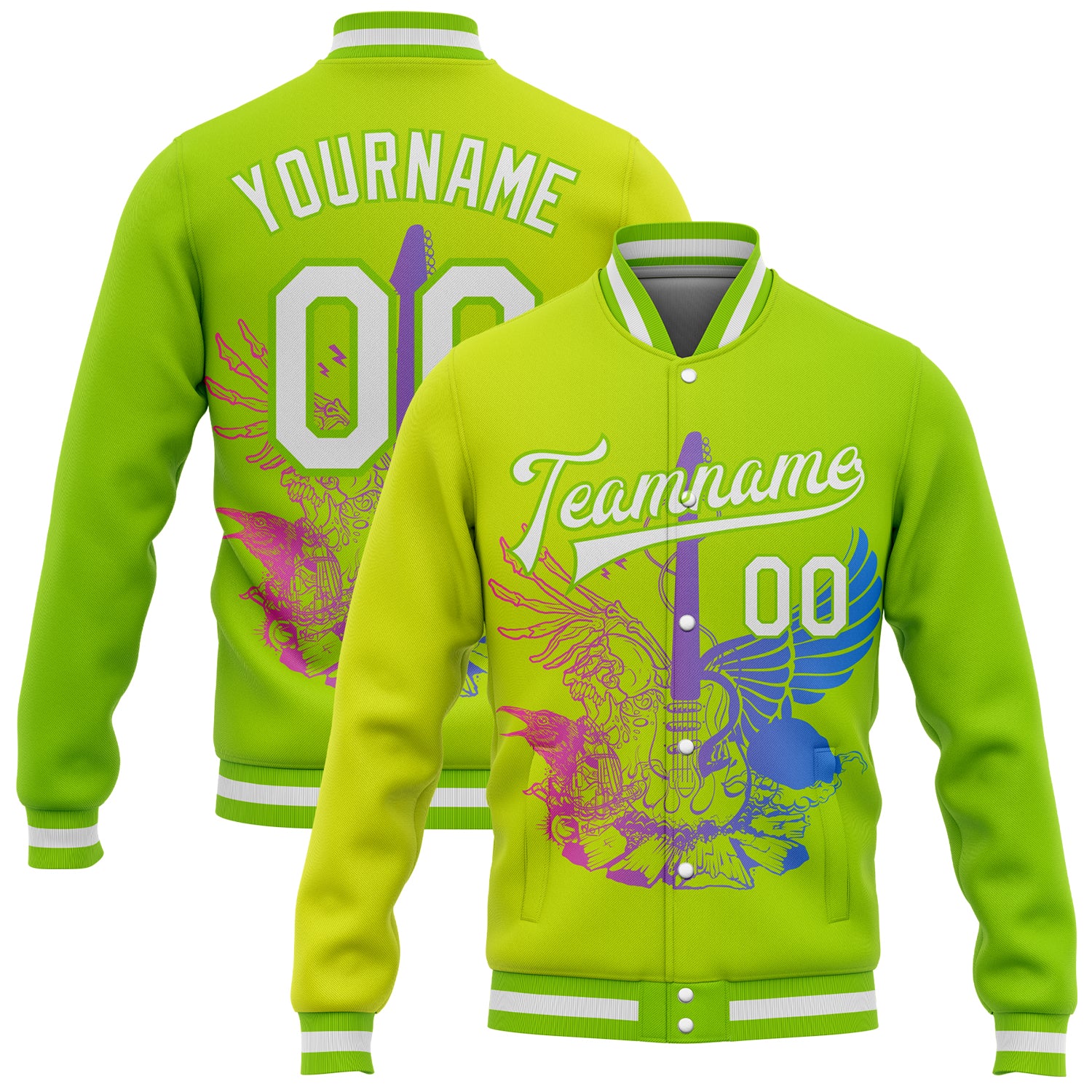 Personalized Neon Green White-Neon Yellow Guitar Rock Roll Music Festival 3D Pattern Design Bomber Full-Snap Varsity Letterman Gradient Fashion Jacket Team Custom Name and Number
