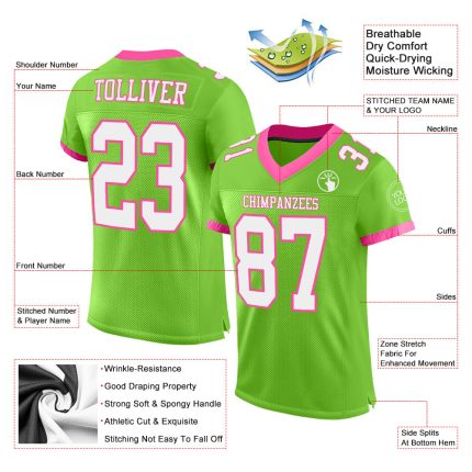 Personalized Neon Green White-Pink Mesh Authentic Football Jersey Team Custom Name and Number