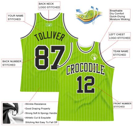 Personalized Neon Green White Pinstripe Black-White Authentic Basketball Jersey Team Custom Name and Number