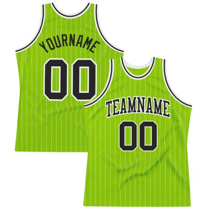 Personalized Neon Green White Pinstripe Black-White Authentic Basketball Jersey Team Custom Name and Number