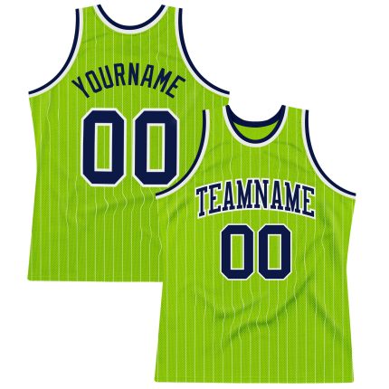 Personalized Neon Green Navy White Pinstripe Authentic Basketball Jersey Personalized Neon Green White Pinstripe Navy-White