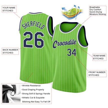 Personalized Neon Green White Pinstripe Navy-White Authentic Basketball Jersey Team Custom Name and Number