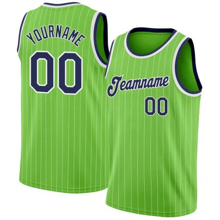 Personalized Neon Green White Pinstripe Navy-White Authentic Basketball Jersey Team Custom Name and Number