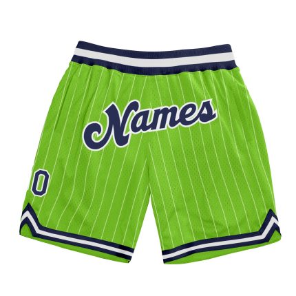 Personalized Neon Green White Pinstripe Navy-White Authentic Basketball Shorts Team Custom Name and Number
