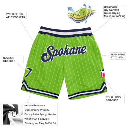 Personalized Neon Green White Pinstripe Navy-White Authentic Basketball Shorts Team Custom Name and Number