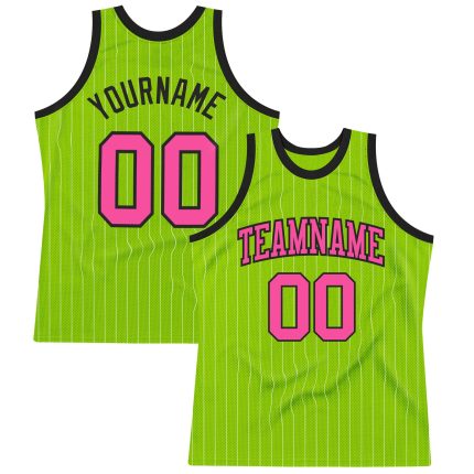 Personalized Neon Green White Pinstripe Pink-Black Authentic Basketball Jersey Team Custom Name and Number