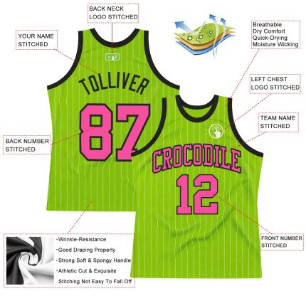 Personalized Neon Green White Pinstripe Pink-Black Authentic Basketball Jersey Team Custom Name and Number