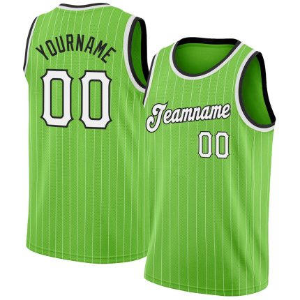 Custom Neon Green and Black Pinstripe Basketball Jersey with Name and Number Personalized Neon Green White Pinstripe White-Black