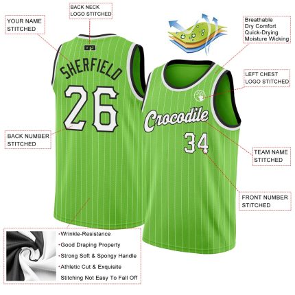 Custom Neon Green and Black Pinstripe Basketball Jersey with Name and Number Personalized Neon Green White Pinstripe White-Black