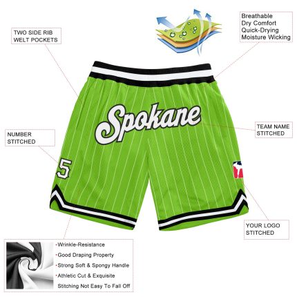 Custom Team Basketball Shorts with Personalized Name and Number - Neon Green White Pinstripe Authentic Design Personalized