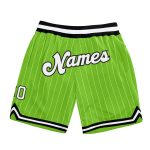 Custom Team Basketball Shorts with Personalized Name and Number - Neon Green White Pinstripe Authentic Design Personalized