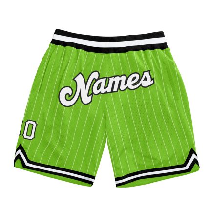 Custom Team Basketball Shorts with Personalized Name and Number - Neon Green White Pinstripe Authentic Design Personalized