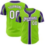 Personalized Neon Green White-Purple 3 Colors Arm Shapes Authentic Baseball Jersey Team Custom Name and Number