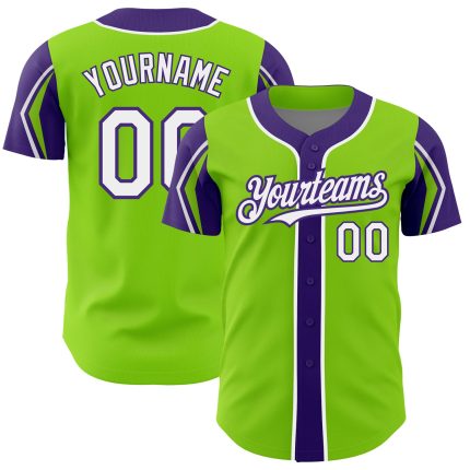 Personalized Neon Green White-Purple 3 Colors Arm Shapes Authentic Baseball Jersey Team Custom Name and Number