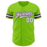 Custom Personalized Neon Green Baseball Jersey with White-Purple Design, Your Name and Number Authentic Team Apparel Personalized