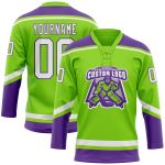 Custom Name and Number Jersey - Personalized Neon Green White-Purple Hockey Lace Design Personalized Neon Green White-Purple