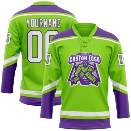 Custom Name and Number Jersey - Personalized Neon Green White-Purple Hockey Lace Design Personalized Neon Green White-Purple