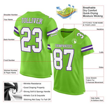 Personalized Custom Football Jersey with Neon Green and White-Purple Mesh, Team Name and Number Personalized Neon Green White-Purple