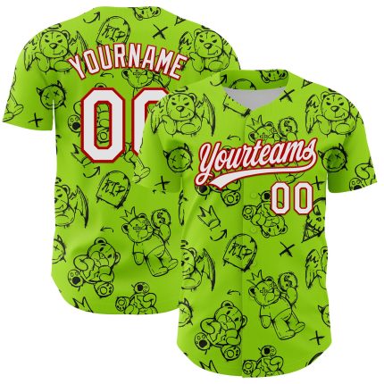 Personalized Halloween Baseball Jersey with Custom Name and Number, 3D Neon Green White-Red Pattern, Authentic Team Apparel
