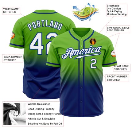 Personalized Neon Green White-Royal Authentic Fade Fashion Baseball Jersey Team Custom Name and Number