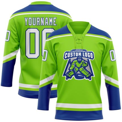 Custom Name and Number Neon Green White-Royal Hockey Lace Neck Jersey - Personalized Team Apparel Personalized Neon Green