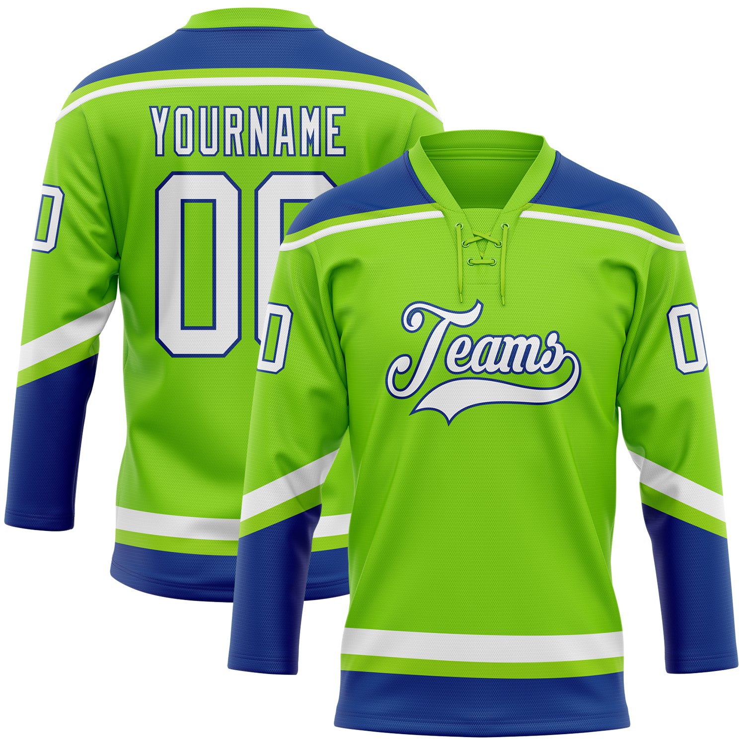 Custom Name and Number Neon Green White-Royal Hockey Lace Neck Jersey - Personalized Team Apparel Personalized Neon Green