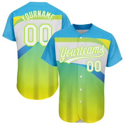 Personalized Neon Green White-Sky Blue 3D Pattern Design Abstract Sport Authentic Baseball Jersey Team Custom Name and Number