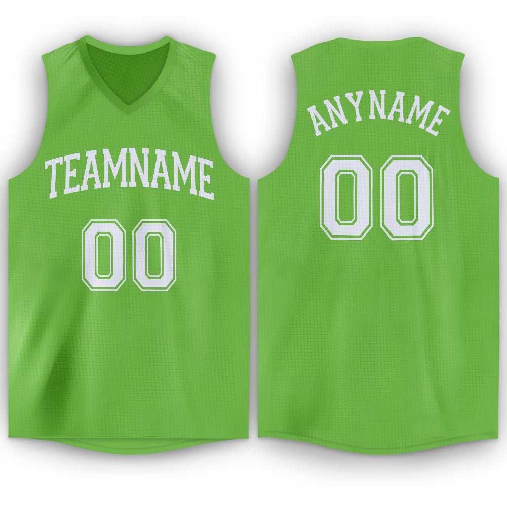 Custom Name and Number Neon Green White V-Neck Basketball Jersey - Personalized Team Apparel Personalized Neon Green White