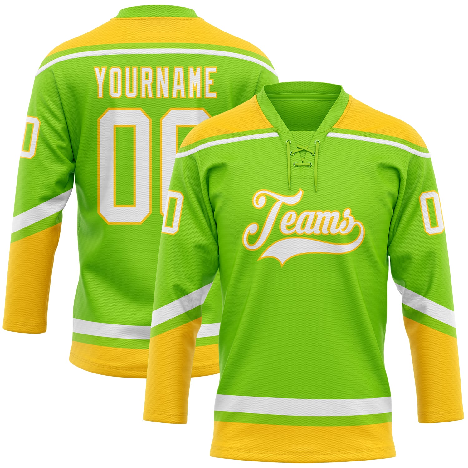 Custom Name and Number Neon Green White-Yellow Hockey Jersey - Personalized Lace Neck Team Apparel Personalized Neon Green