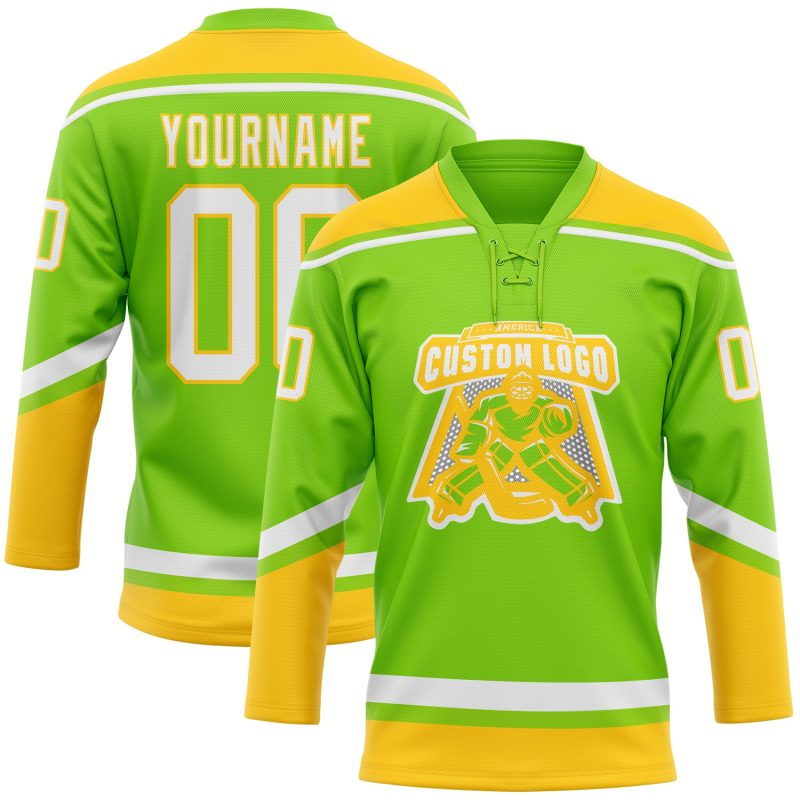 Custom Name and Number Neon Green White-Yellow Hockey Jersey - Personalized Lace Neck Team Apparel Personalized Neon Green